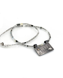 Bear Necklace in Fine Silver and 14K, with Labradorite and Moonstone Chain, One of a Kind