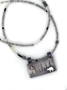 Bear Necklace in Fine Silver and 14K, with Labradorite and Moonstone Chain, One of a Kind
