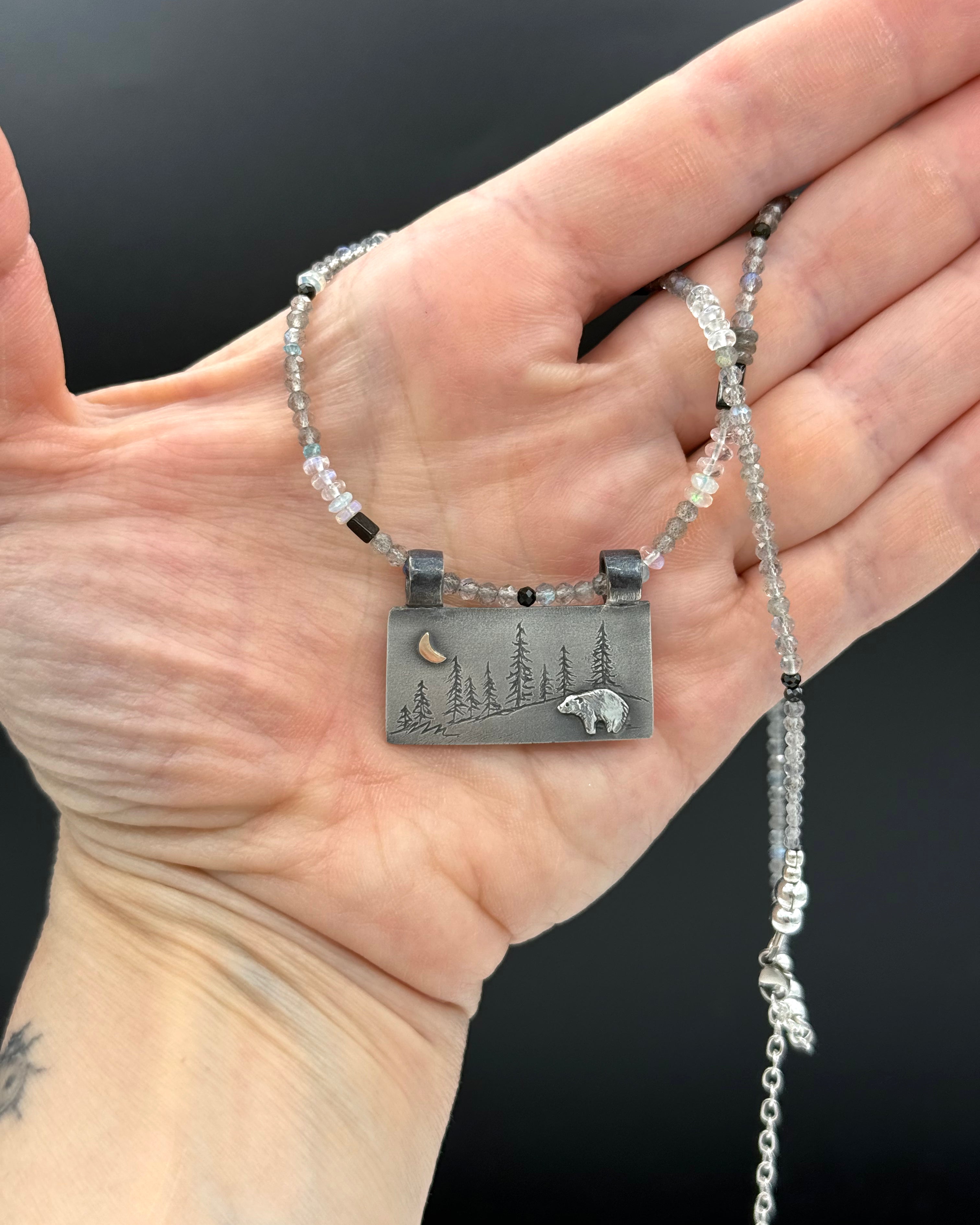 Bear Necklace in Fine Silver and 14K, with Labradorite and Moonstone Chain, One of a Kind