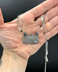 Bear Necklace in Fine Silver and 14K, with Labradorite and Moonstone Chain, One of a Kind