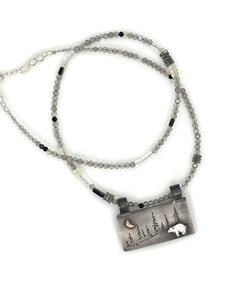 Bear Necklace in Fine Silver and 14K, with Labradorite and Moonstone Chain, One of a Kind