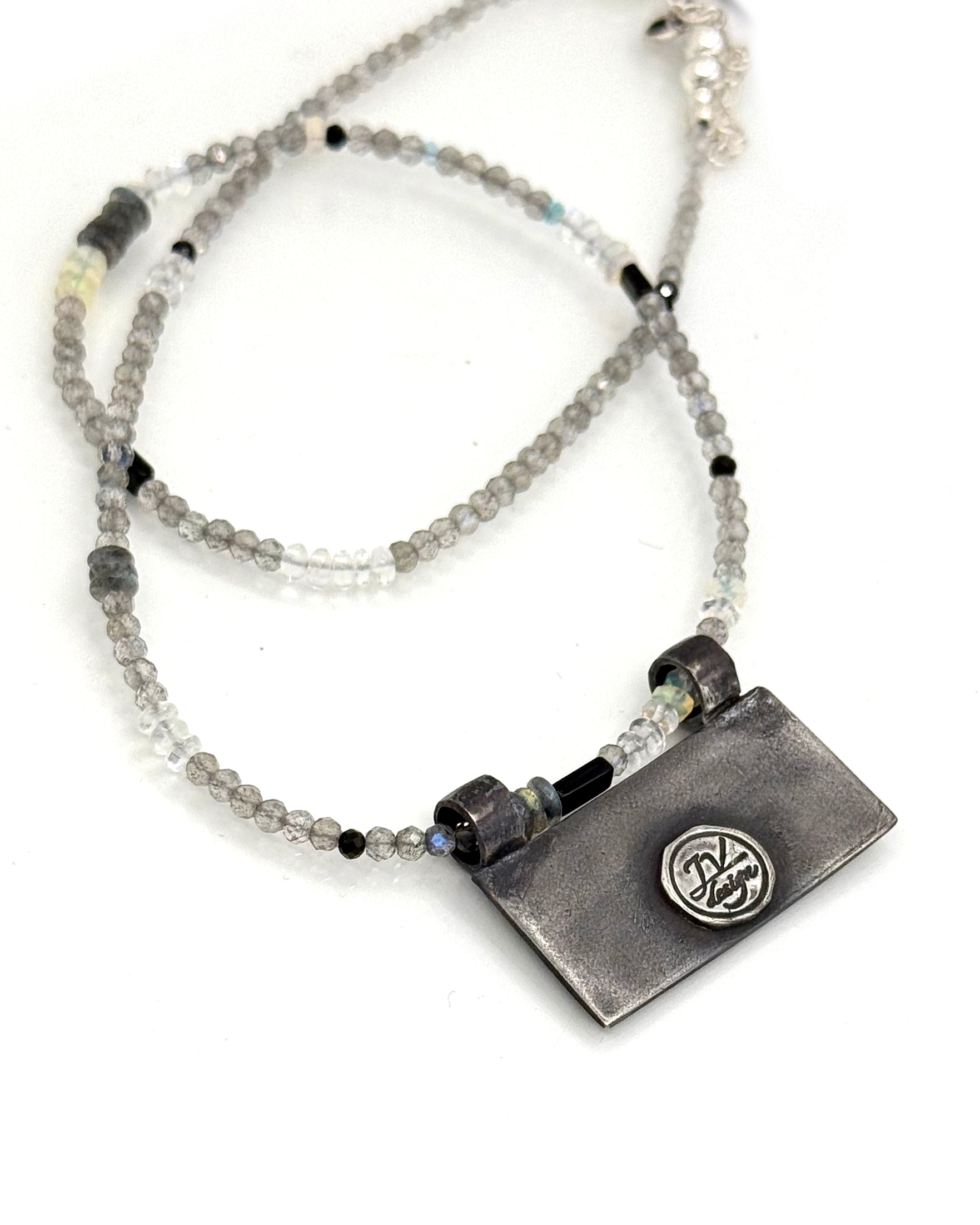 Bear Necklace in Fine Silver and 14K, with Labradorite and Moonstone Chain, One of a Kind