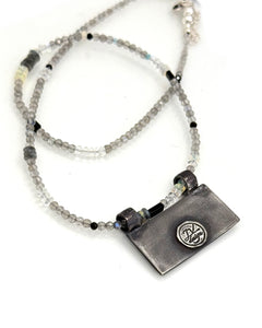 Bear Necklace in Fine Silver and 14K, with Labradorite and Moonstone Chain, One of a Kind