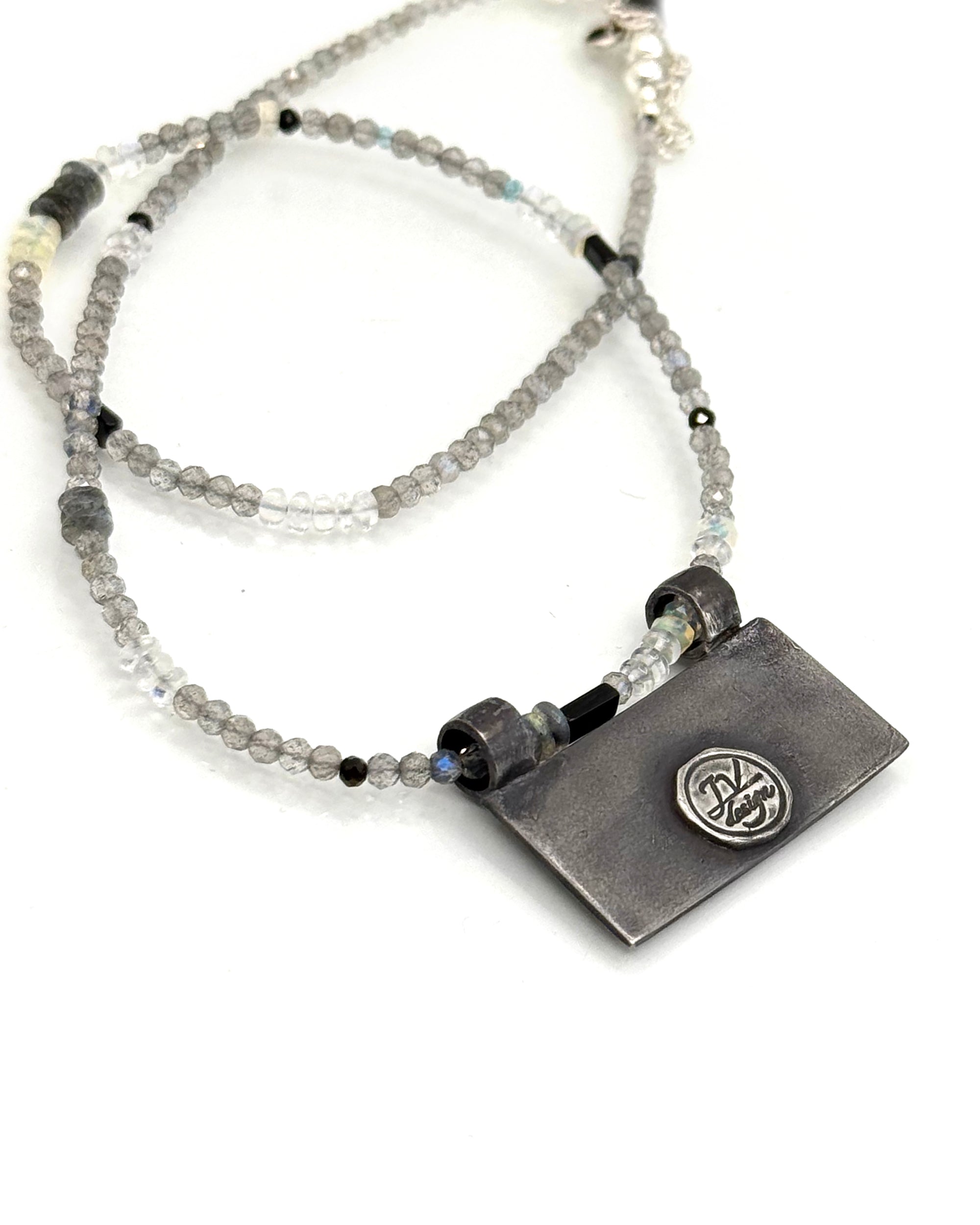 Bear Necklace in Fine Silver and 14K, with Labradorite and Moonstone Chain, One of a Kind