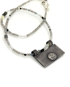 Bear Necklace in Fine Silver and 14K, with Labradorite and Moonstone Chain, One of a Kind