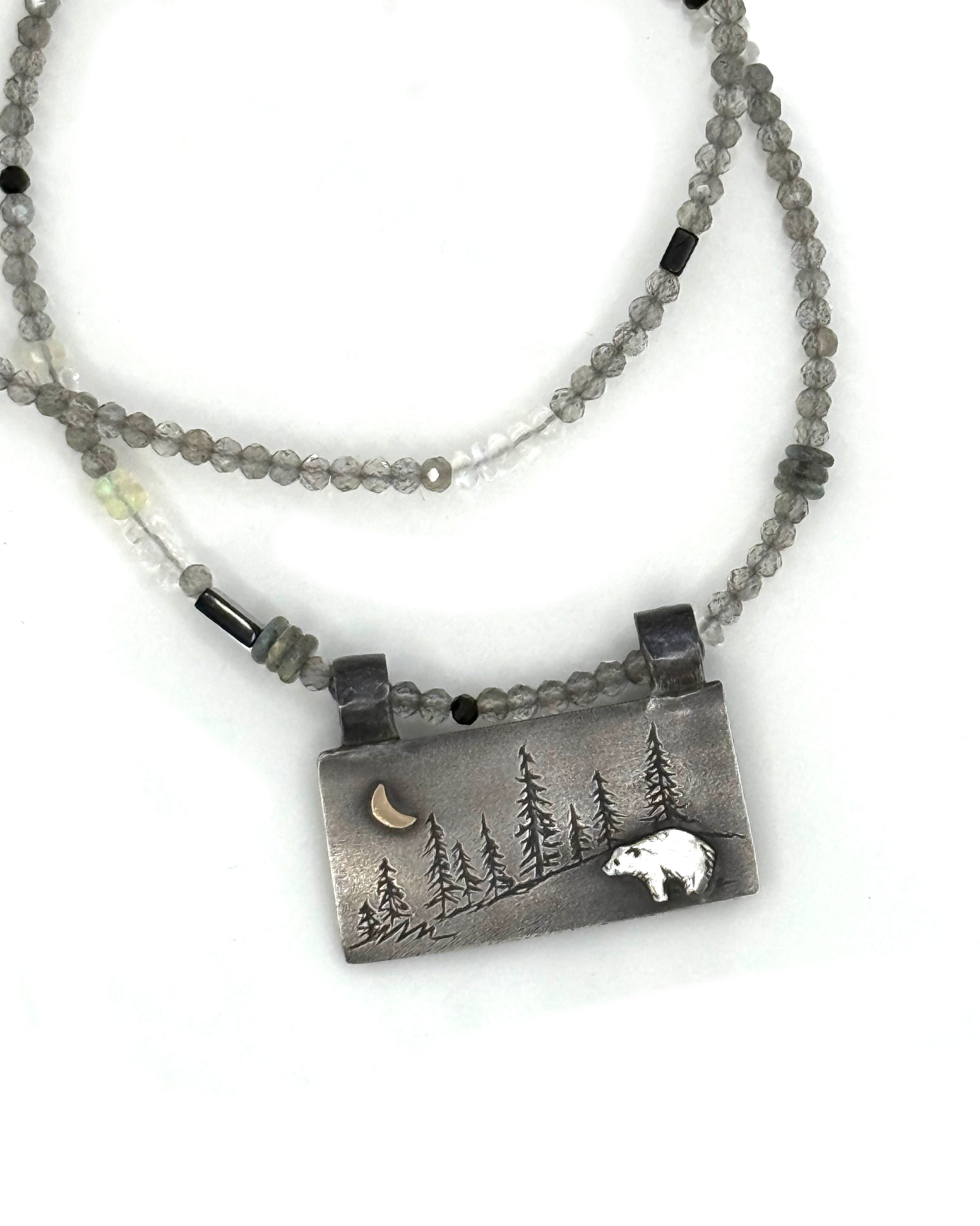 Bear Necklace in Fine Silver and 14K, with Labradorite and Moonstone Chain, One of a Kind