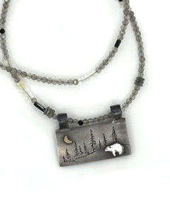 Bear Necklace in Fine Silver and 14K, with Labradorite and Moonstone Chain, One of a Kind