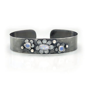 Opal Moonstone Bracelet, Flower Cuff Bracelet, Sterling Silver, One of a kind