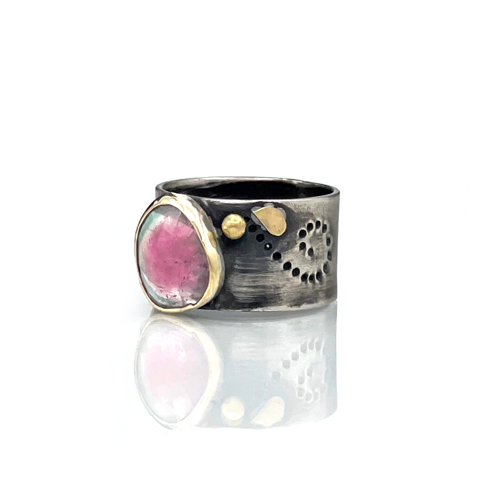 Bicolor Blue and Pink Tourmaline Halle Ring, Wide Band 14K and Sterling Ring, One of a Kind