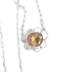 Tourmaline Flower Necklace, Tricolor Pink and Green Tourmaline, One of a kind