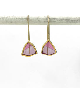 Rare and Unique Pink Tourmaline Slice Earrings in 14K and 22K Solid Yellow Gold, One of a Kind