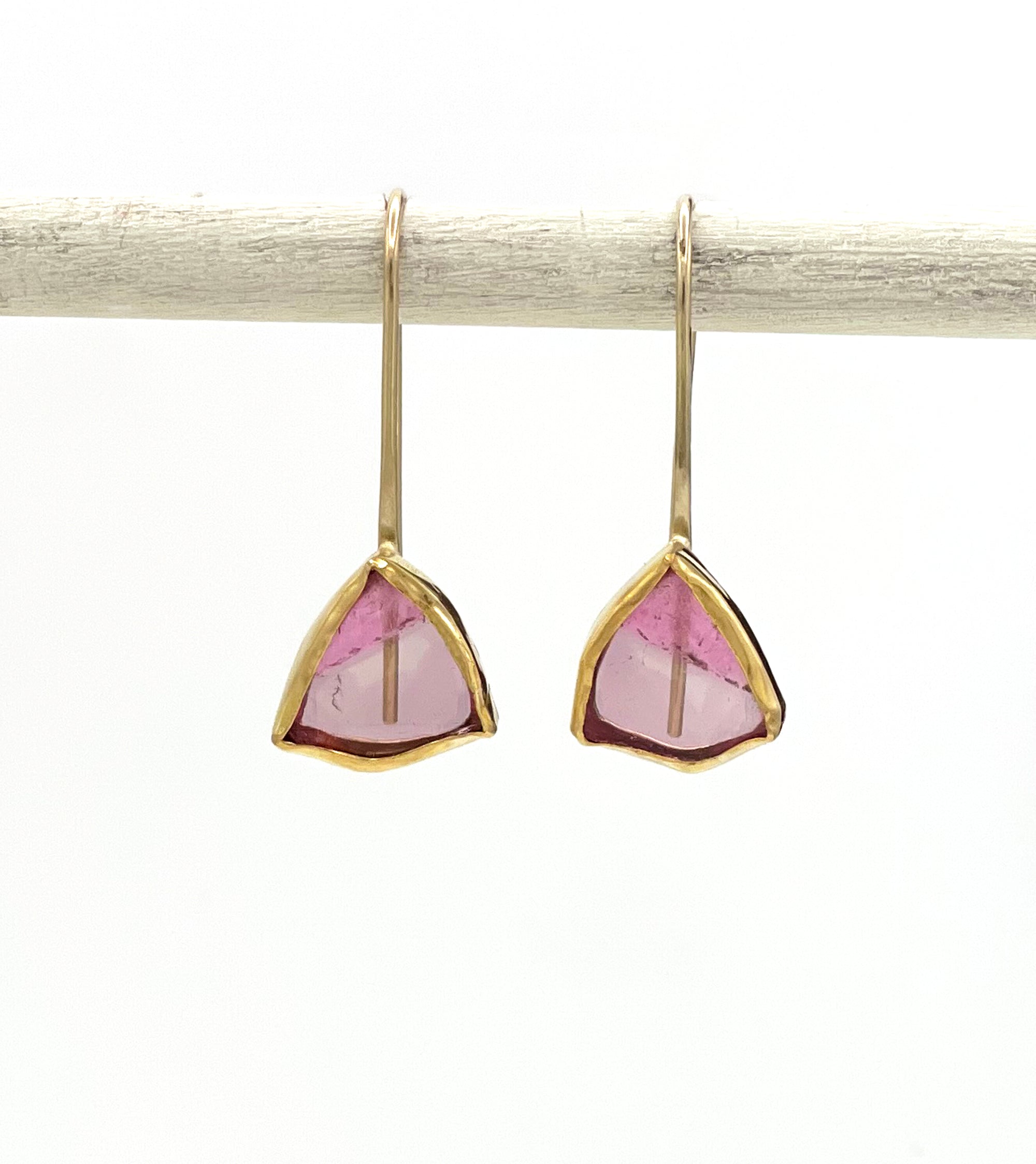 Rare and Unique Pink Tourmaline Slice Earrings in 14K and 22K Solid Yellow Gold, One of a Kind