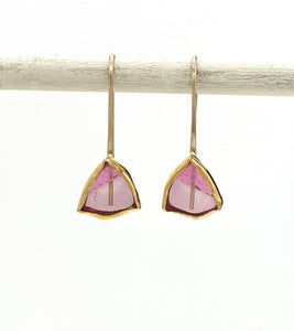 Rare and Unique Pink Tourmaline Slice Earrings in 14K and 22K Solid Yellow Gold, One of a Kind