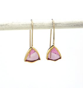 Rare and Unique Pink Tourmaline Slice Earrings in 14K and 22K Solid Yellow Gold, One of a Kind