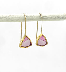 Rare and Unique Pink Tourmaline Slice Earrings in 14K and 22K Solid Yellow Gold, One of a Kind