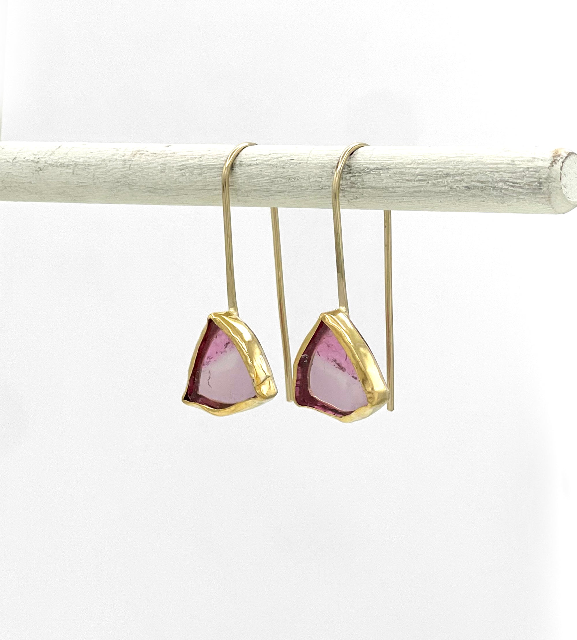 Rare and Unique Pink Tourmaline Slice Earrings in 14K and 22K Solid Yellow Gold, One of a Kind