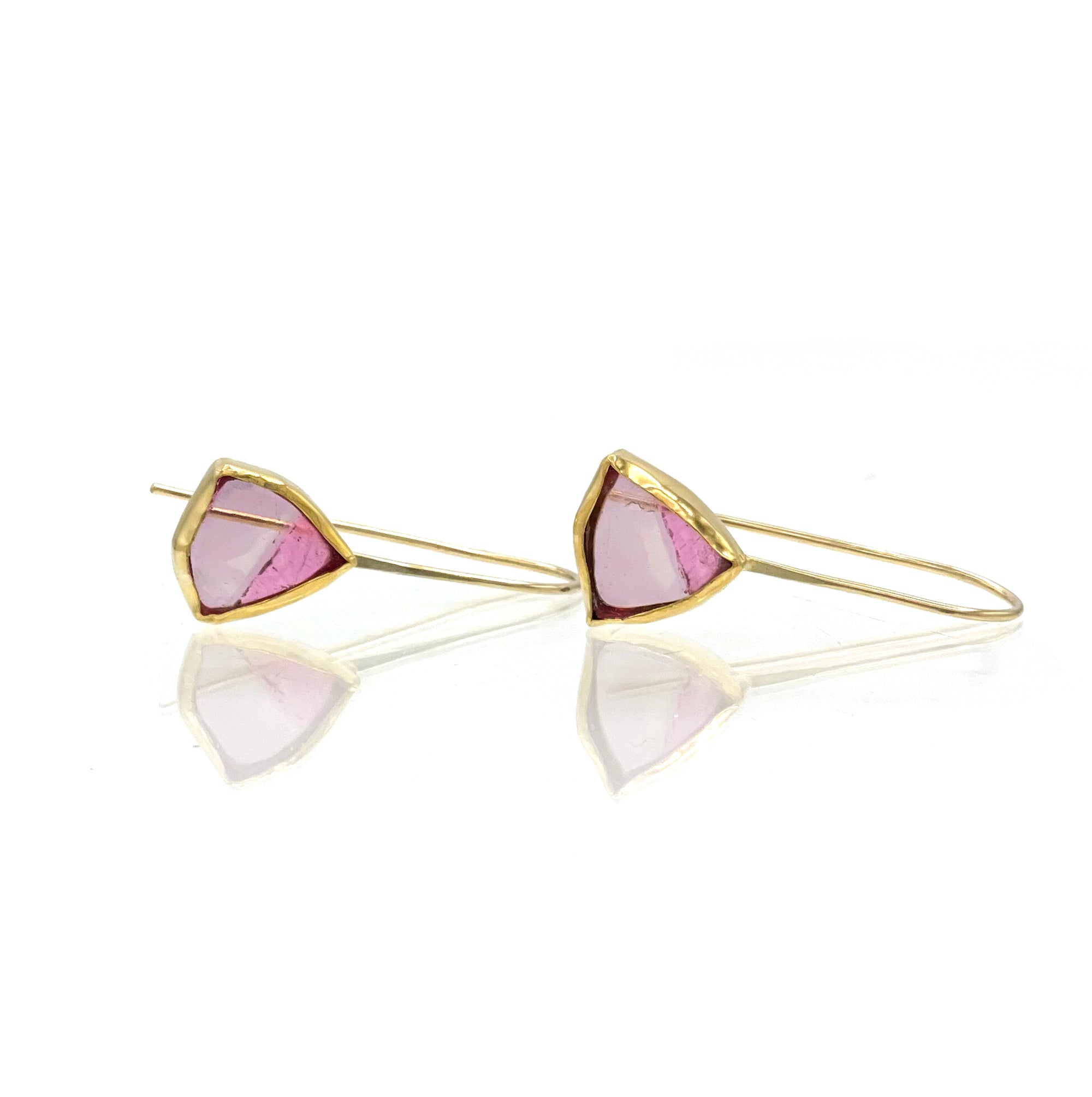 Rare and Unique Pink Tourmaline Slice Earrings in 14K and 22K Solid Yellow Gold, One of a Kind