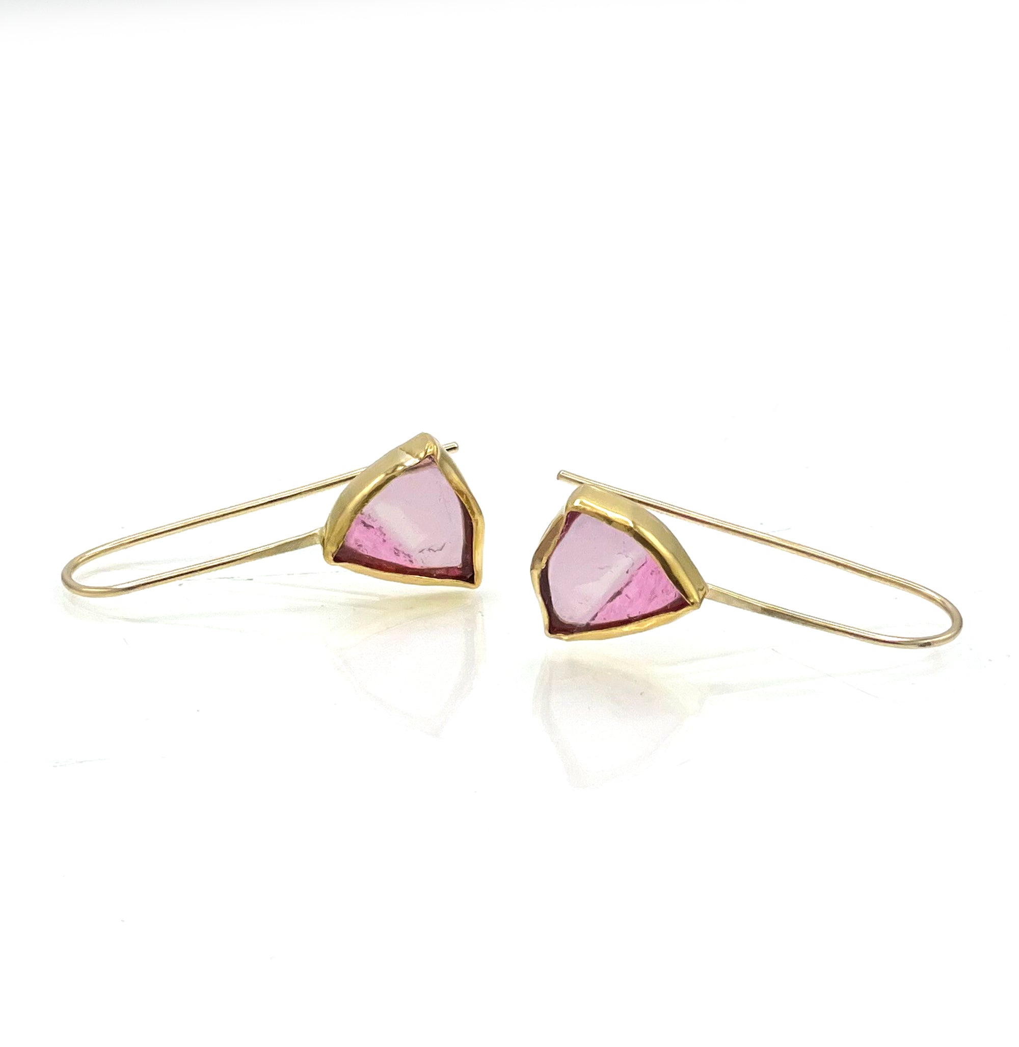 Rare and Unique Pink Tourmaline Slice Earrings in 14K and 22K Solid Yellow Gold, One of a Kind