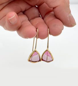 Rare and Unique Pink Tourmaline Slice Earrings in 14K and 22K Solid Yellow Gold, One of a Kind