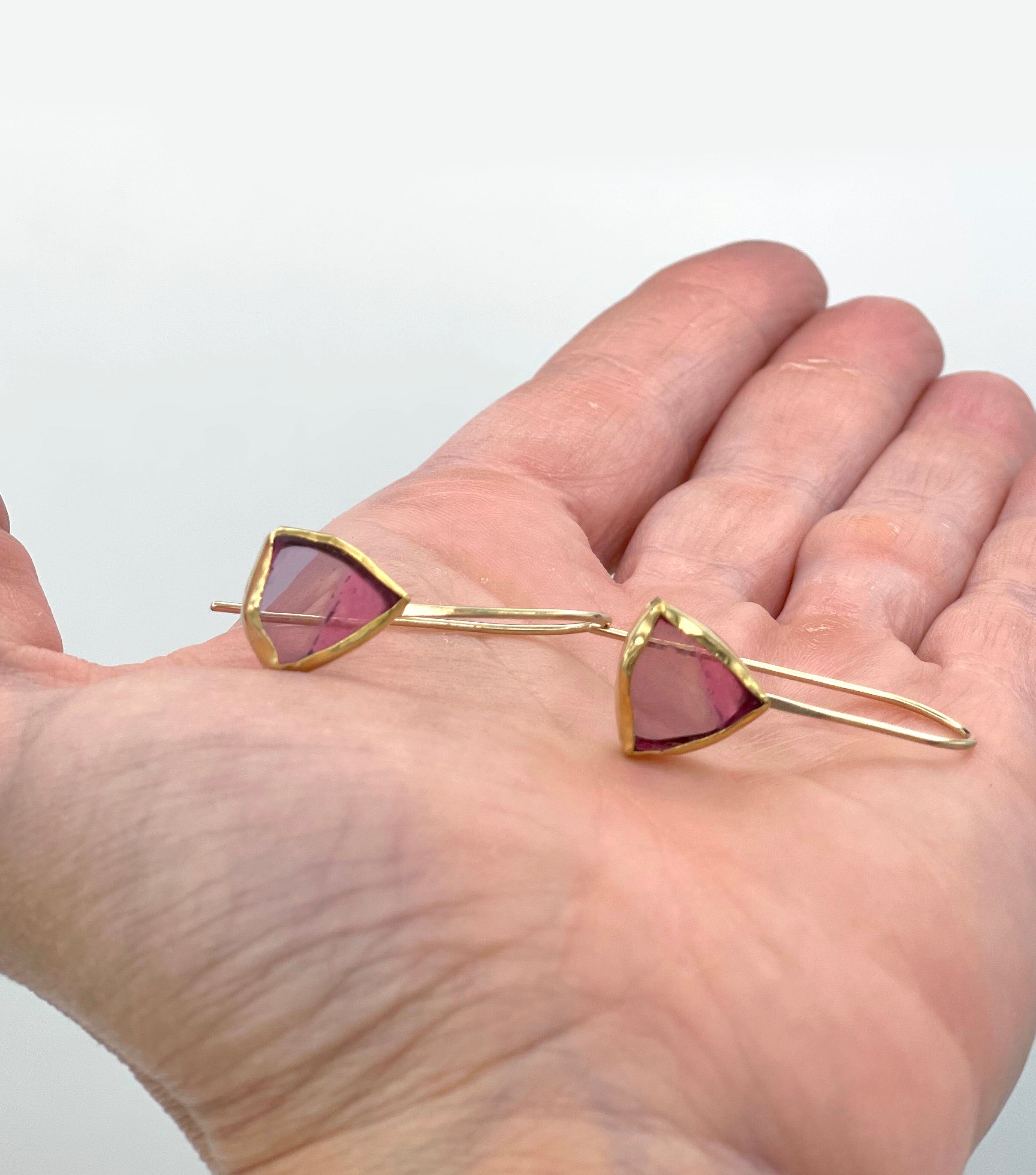 Rare and Unique Pink Tourmaline Slice Earrings in 14K and 22K Solid Yellow Gold, One of a Kind