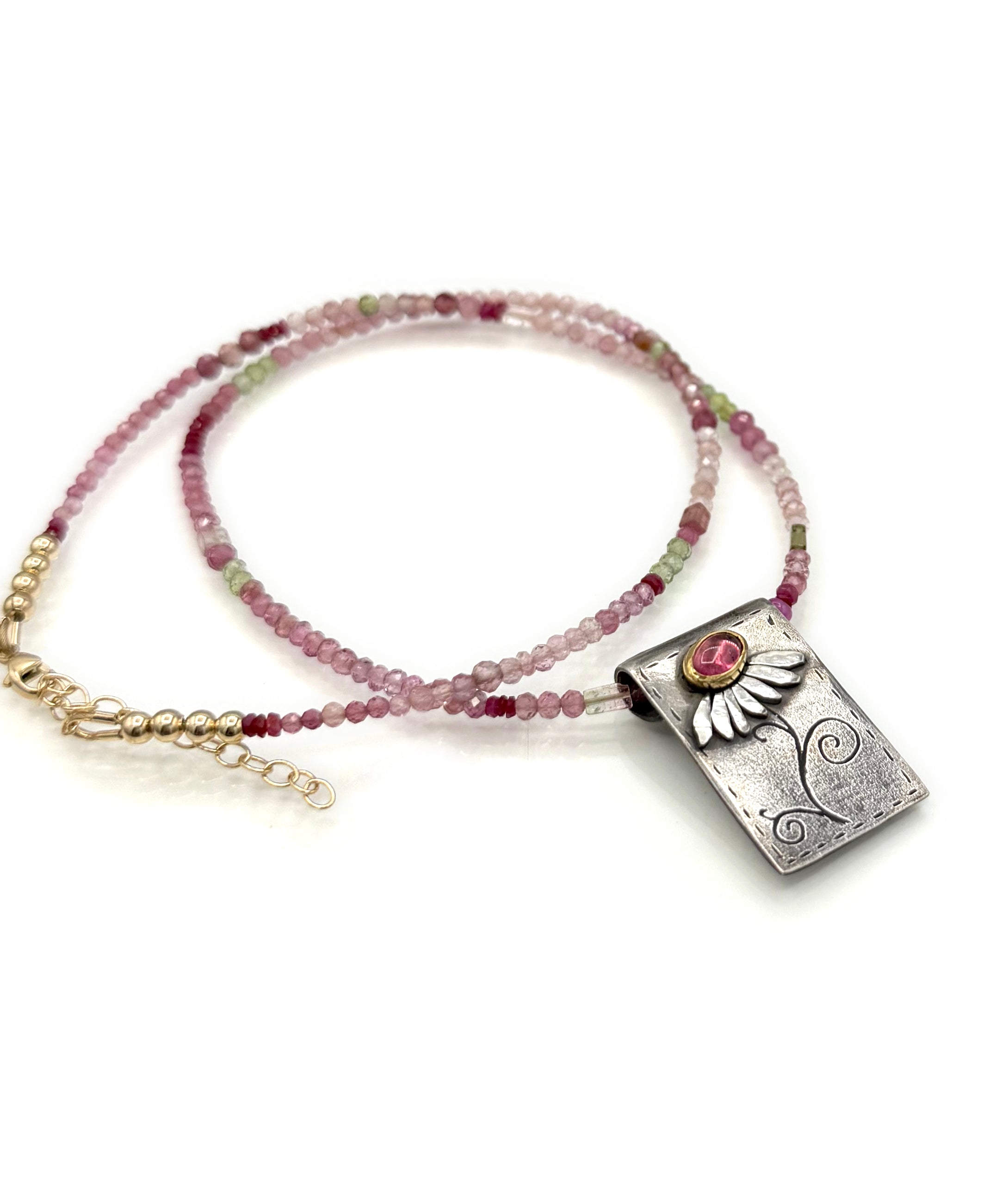 Rubellite Tourmaline Daisy Necklace in Fine Silver, and 14K Solid Gold, with Tourmaline Chain, One of a Kind