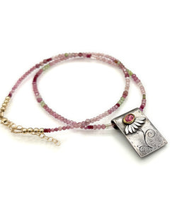 Rubellite Tourmaline Daisy Necklace in Fine Silver, and 14K Solid Gold, with Tourmaline Chain, One of a Kind