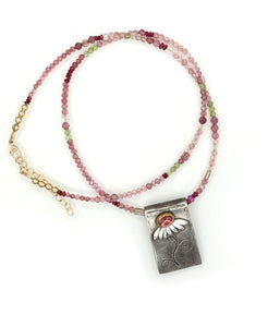Rubellite Tourmaline Daisy Necklace in Fine Silver, and 14K Solid Gold, with Tourmaline Chain, One of a Kind
