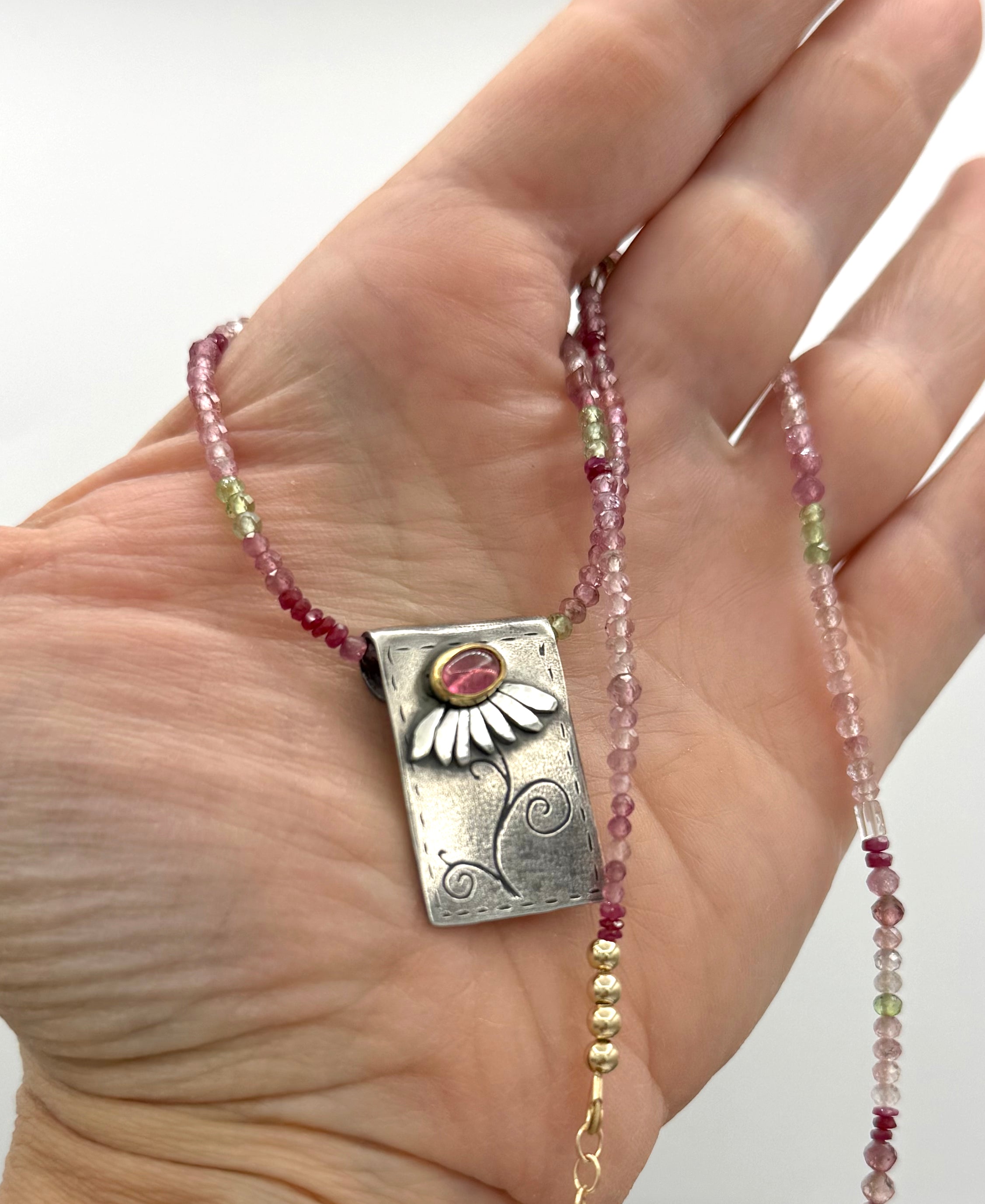 Rubellite Tourmaline Daisy Necklace in Fine Silver, and 14K Solid Gold, with Tourmaline Chain, One of a Kind