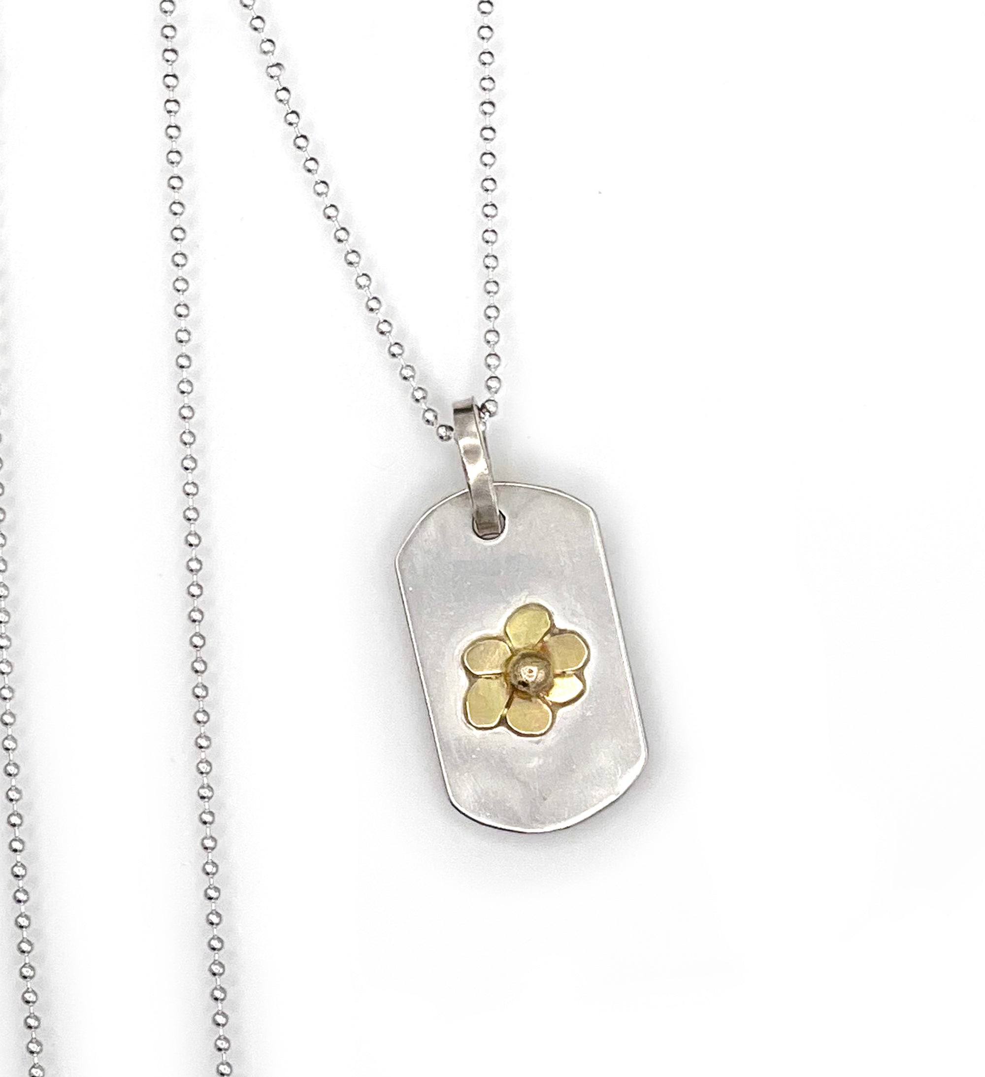 Flower Dog Tag Necklace, Sterling and 14K Solid Yellow Gold, One of a Kind