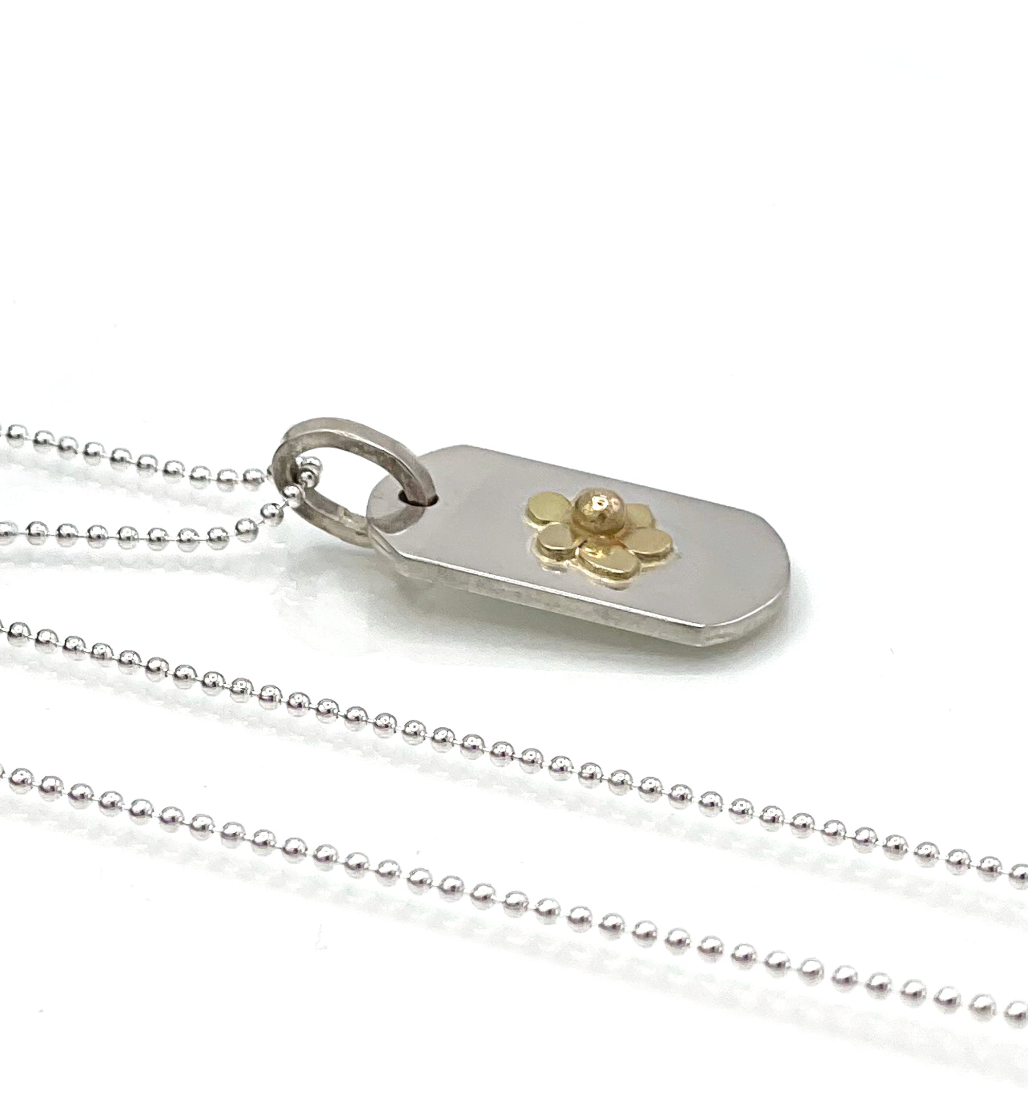 Flower Dog Tag Necklace, Sterling and 14K Solid Yellow Gold, One of a Kind