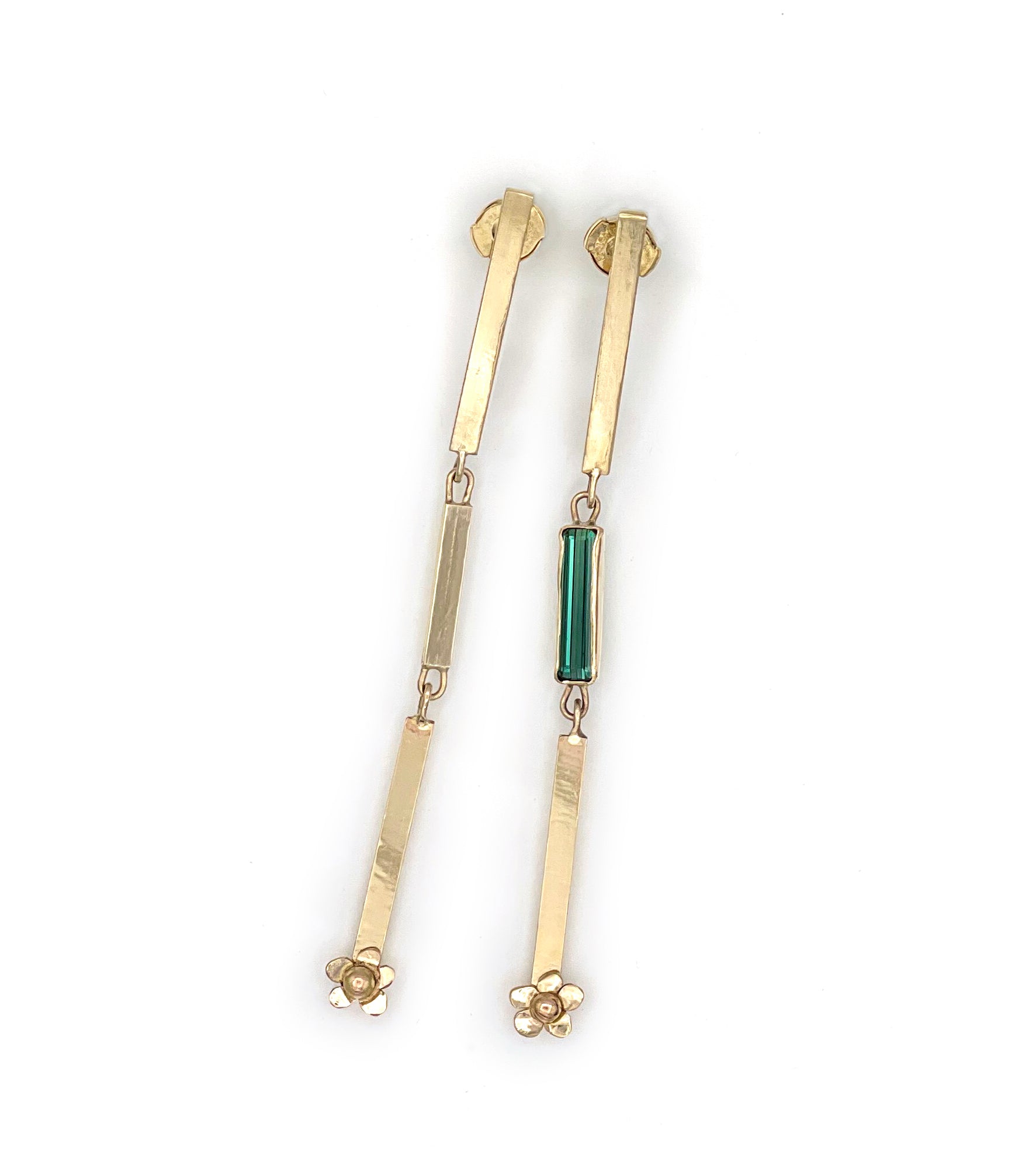 14K Long Dangle Flower Earrings with Teal Tourmaline, 14K Solid Gold