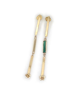14K Long Dangle Flower Earrings with Teal Tourmaline, 14K Solid Gold