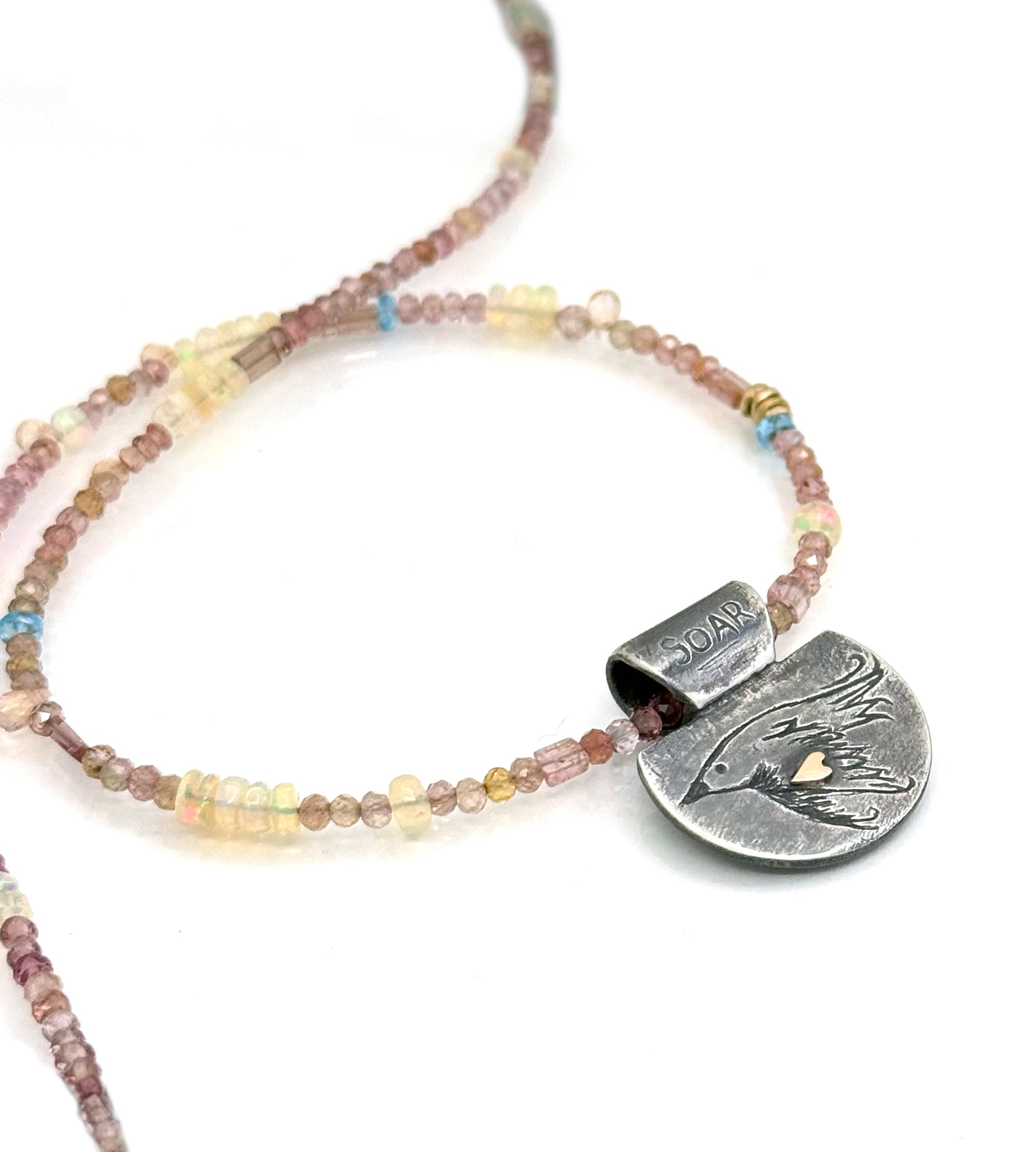 Soaring Bird Necklace in Fine Silver, and 14K Solid Gold, with Tourmaline Chain, One of a Kind