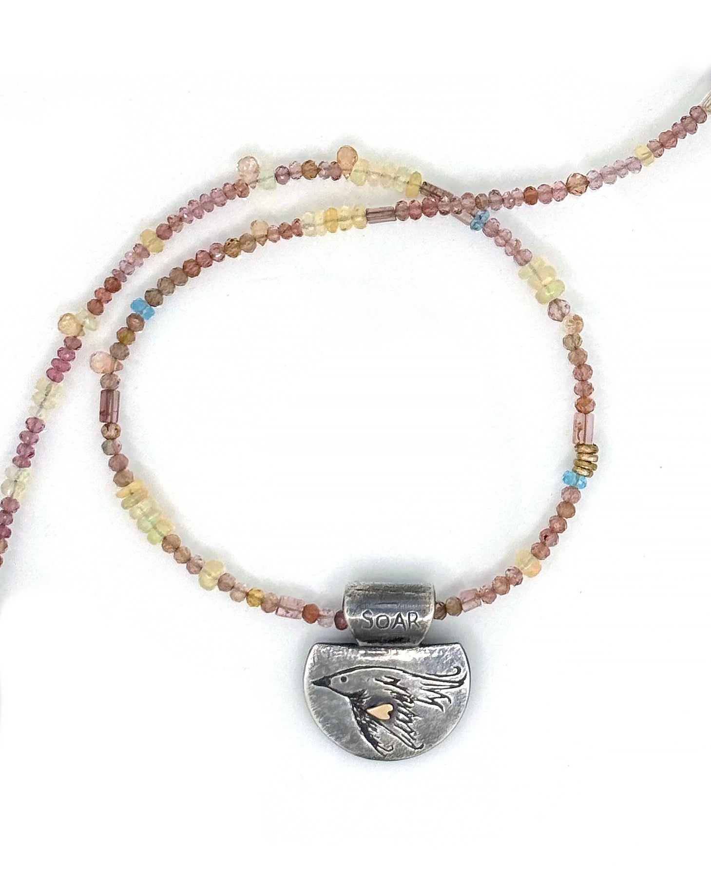 Soaring Bird Necklace in Fine Silver, and 14K Solid Gold, with Tourmaline Chain, One of a Kind
