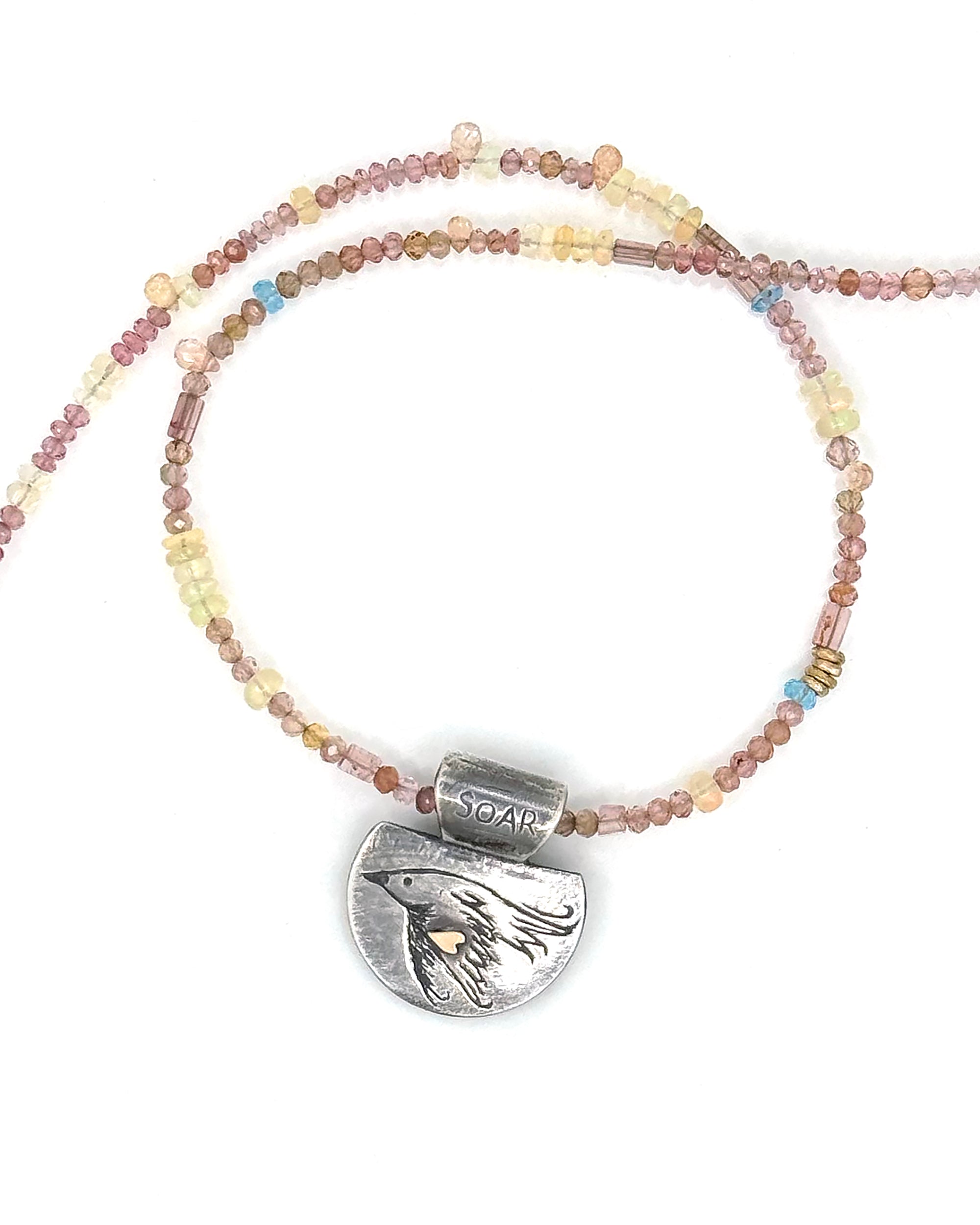 Soaring Bird Necklace in Fine Silver, and 14K Solid Gold, with Tourmaline Chain, One of a Kind