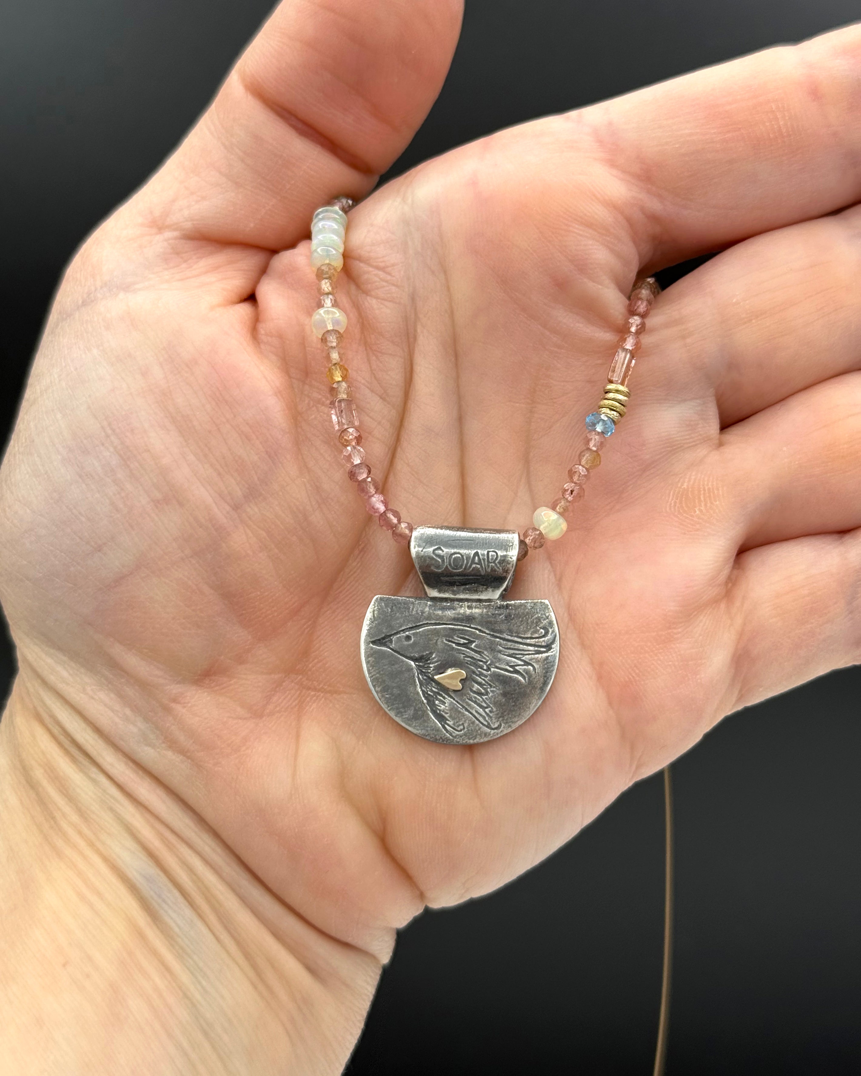 Soaring Bird Necklace in Fine Silver, and 14K Solid Gold, with Tourmaline Chain, One of a Kind