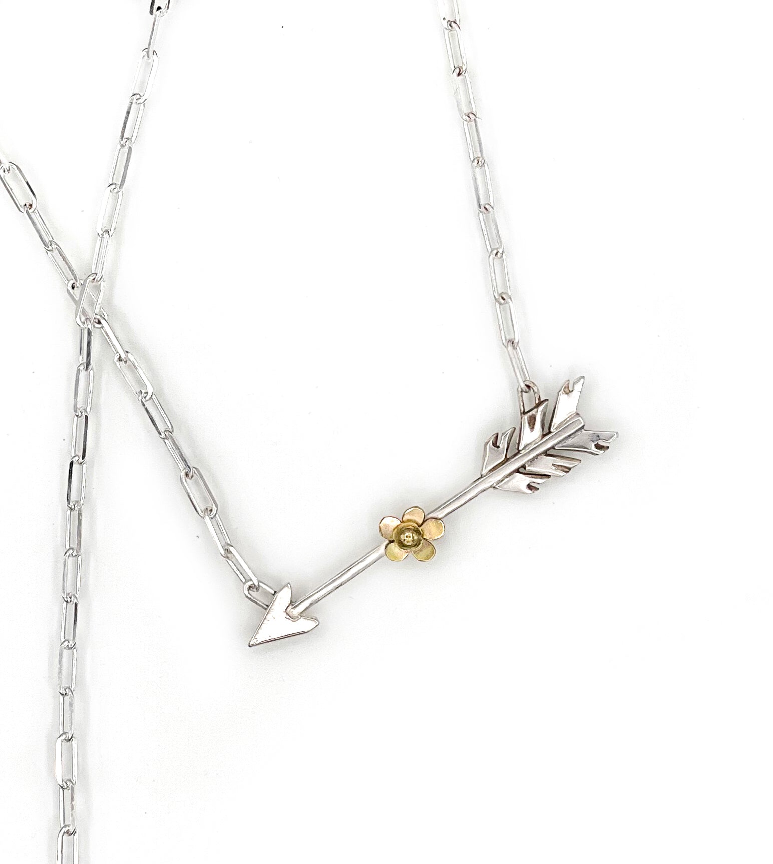 Arrow Necklace, Arrow and Flower Necklace, Sterling Silver and 14K