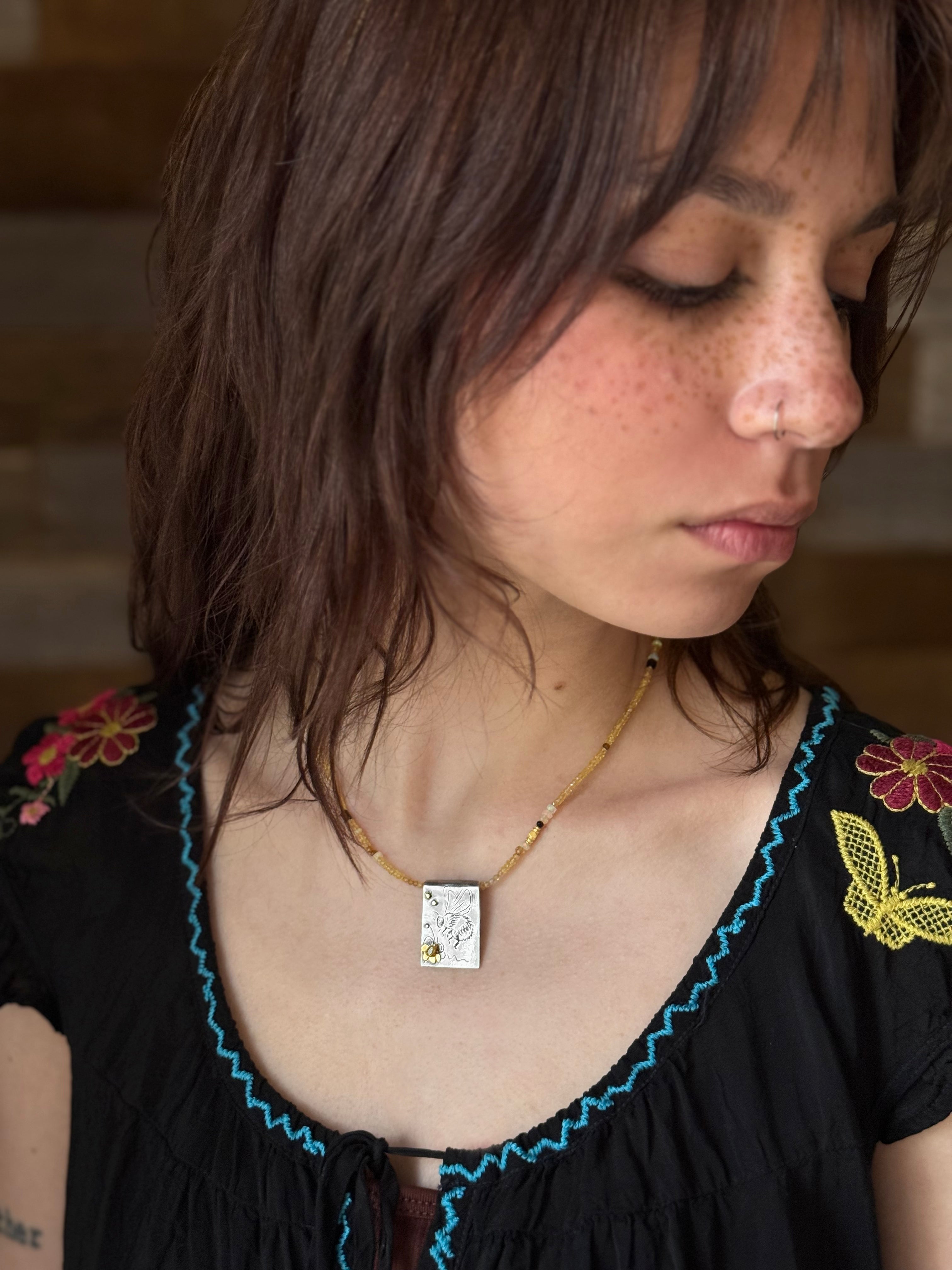 Bumblebee and Yellow Diamond Necklace in Fine Silver, and 14K Solid Gold, with Sapphire Chain, One of a Kind
