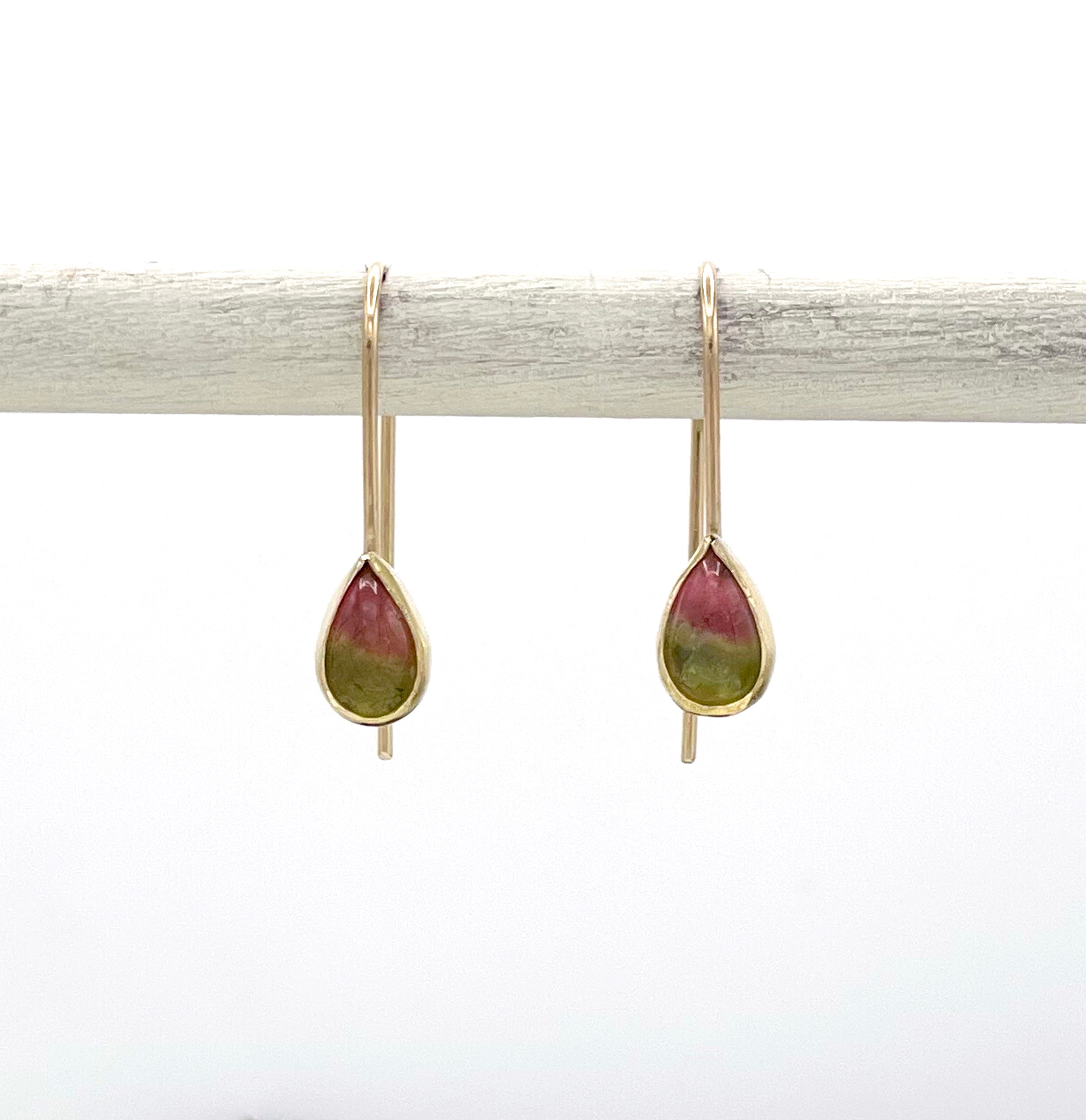 Watermelon Tourmaline Teardrop Earrings, 14k and 18K Solid Gold, One of a Kind