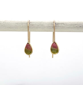 Watermelon Tourmaline Teardrop Earrings, 14k and 18K Solid Gold, One of a Kind