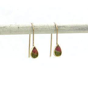 Watermelon Tourmaline Teardrop Earrings, 14k and 18K Solid Gold, One of a Kind