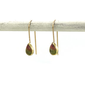 Watermelon Tourmaline Teardrop Earrings, 14k and 18K Solid Gold, One of a Kind