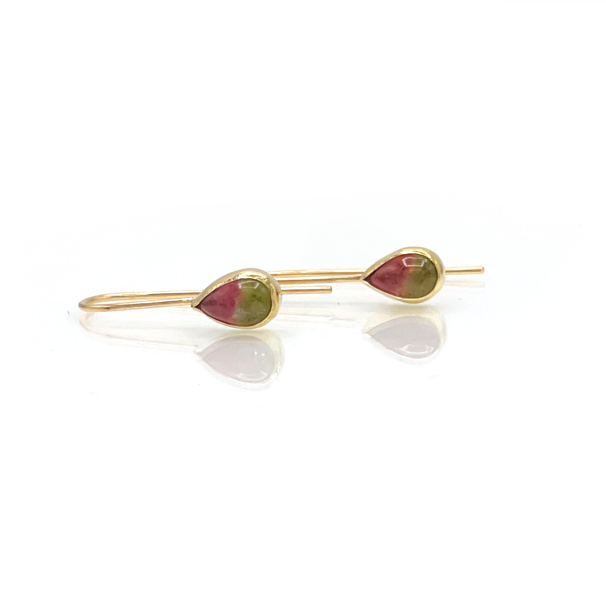 Watermelon Tourmaline Teardrop Earrings, 14k and 18K Solid Gold, One of a Kind