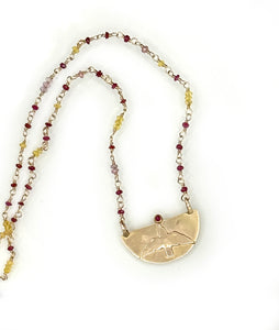 The Gift Necklace, Bird Carrying a Ruby with Chain of Rubies, Sapphire and Spinel in 14K Solid Gold, One of a Kind