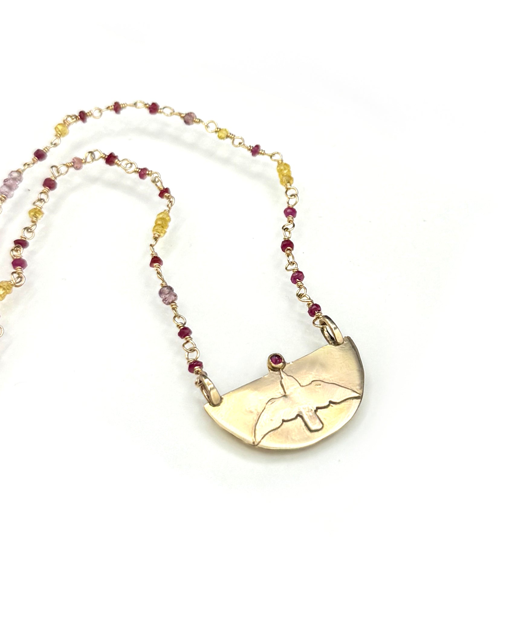The Gift Necklace, Bird Carrying a Ruby with Chain of Rubies, Sapphire and Spinel in 14K Solid Gold, One of a Kind