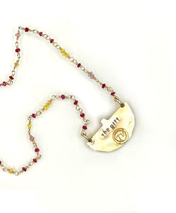The Gift Necklace, Bird Carrying a Ruby with Chain of Rubies, Sapphire and Spinel in 14K Solid Gold, One of a Kind