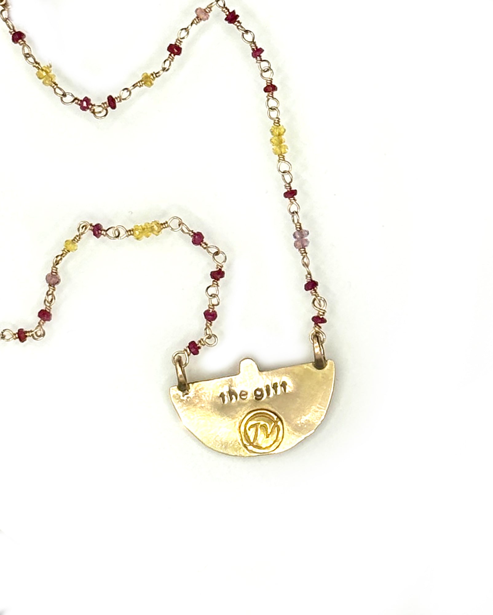 The Gift Necklace, Bird Carrying a Ruby with Chain of Rubies, Sapphire and Spinel in 14K Solid Gold, One of a Kind