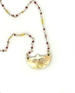 The Gift Necklace, Bird Carrying a Ruby with Chain of Rubies, Sapphire and Spinel in 14K Solid Gold, One of a Kind