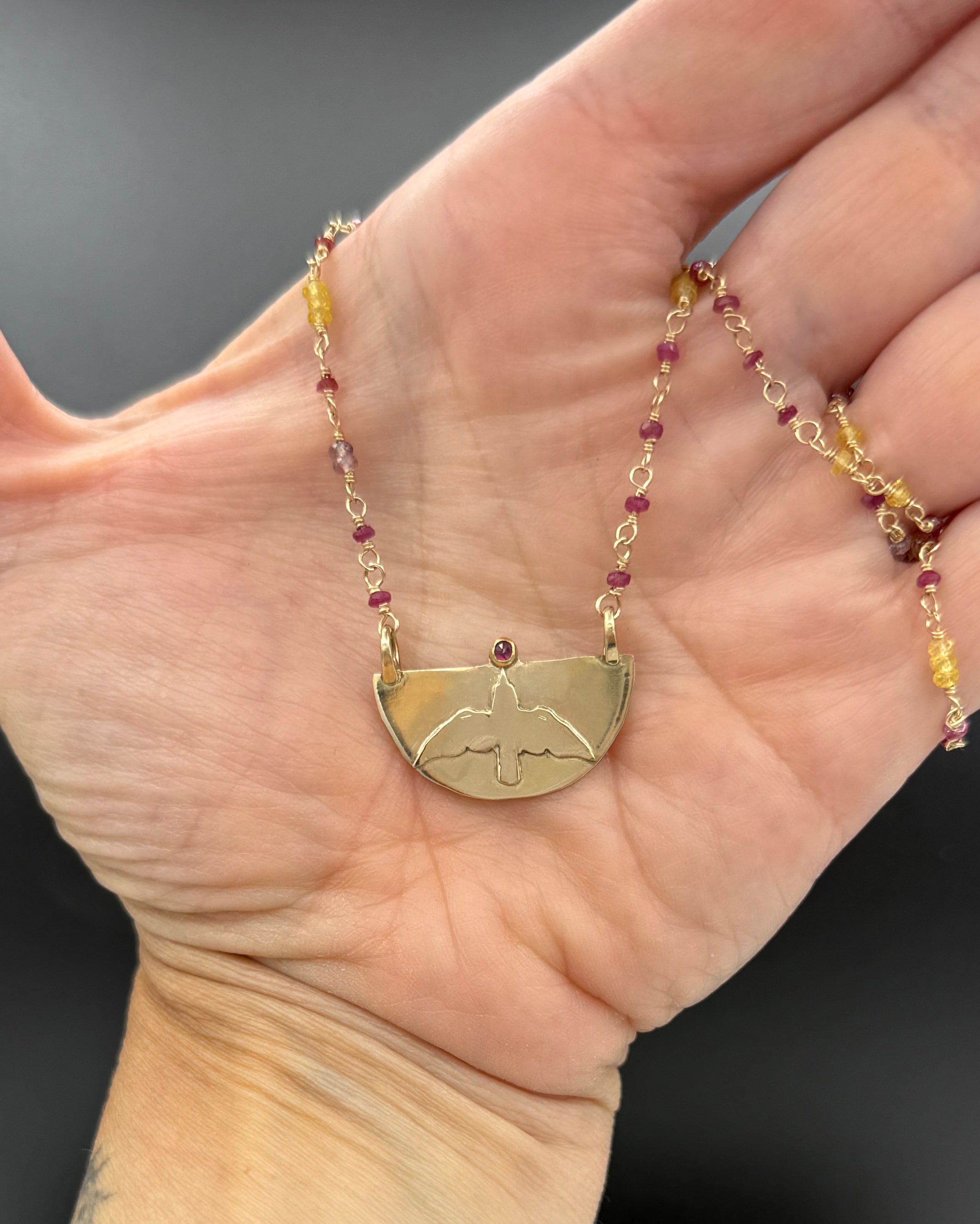 The Gift Necklace, Bird Carrying a Ruby with Chain of Rubies, Sapphire and Spinel in 14K Solid Gold, One of a Kind