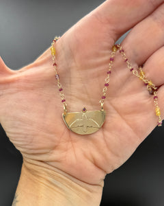 The Gift Necklace, Bird Carrying a Ruby with Chain of Rubies, Sapphire and Spinel in 14K Solid Gold, One of a Kind